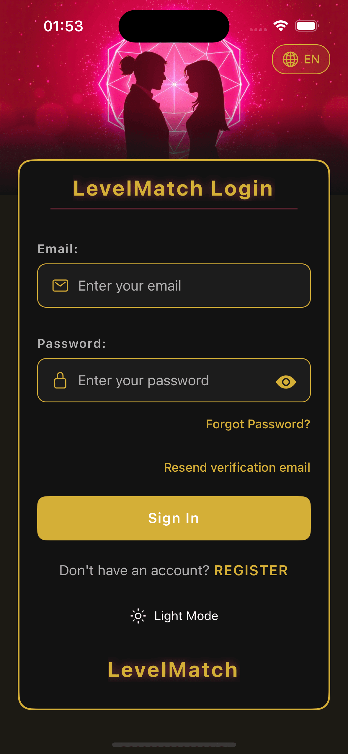 LevelMatch Login Screen